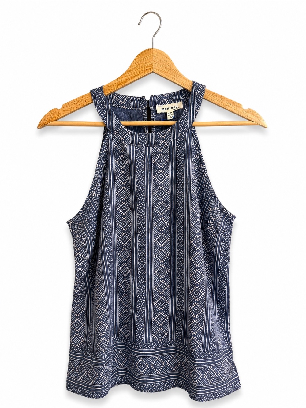 Monteau Blue Geometric Print Cotton Tank Top Size Small